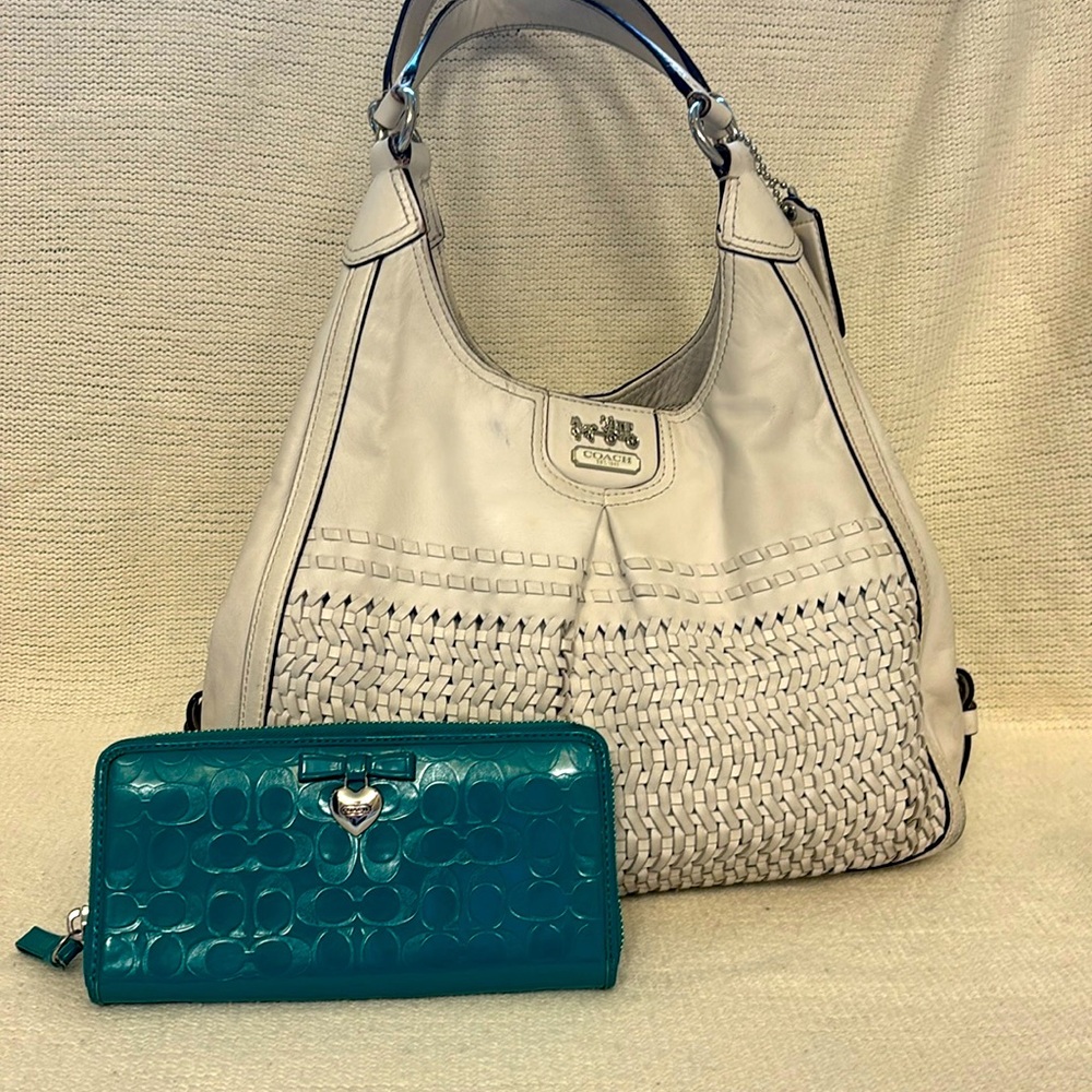 Coach Woven White Leather Ashley Bag and Matching Wallet Set